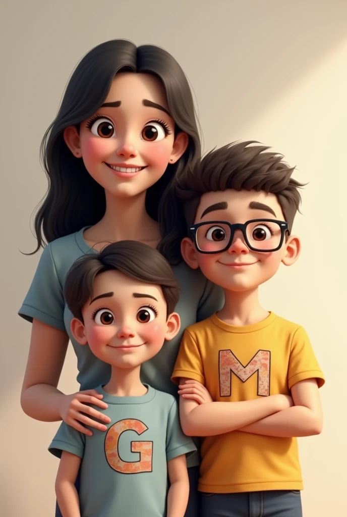 Black haired mom with the letter C on her shirt, 14 year old big boy with glasses, very short hair and the letter M on his shirt and the little three-year-old son with the letter G on his shirt and very short hair