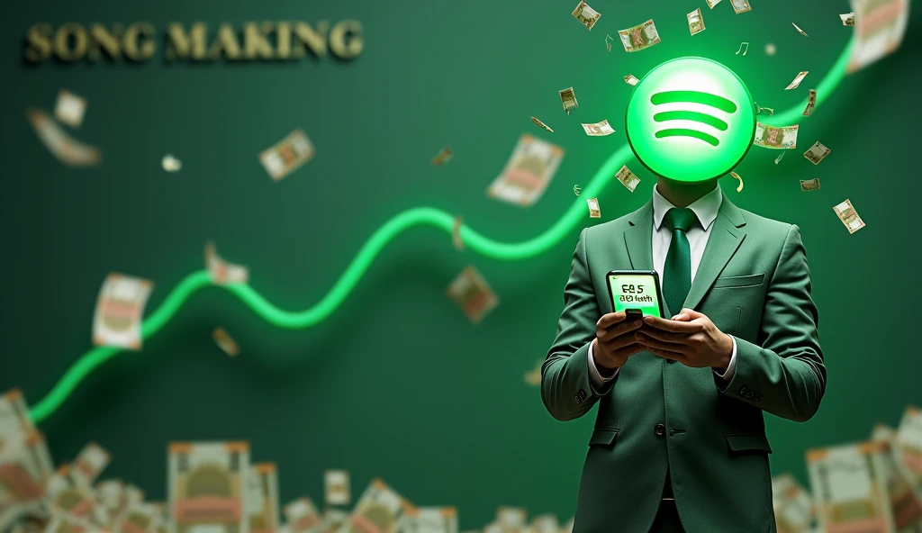 Ultra realistic
Create an image where a realistic-looking man is shown with only the upper half of his body visible. The man's head is replaced with the Spotify logo, but the rest of his appearance should be lifelike. He is dressed in a green suit and is holding a mobile phone close to the screen, with the phone's display showing a payment of ₹2.5 lakh received. The man should be prominently positioned in the foreground of the image. At the bottom of the image, write the large 3D text "SPOTIFY AUTOMATION" in a bold, large font. In the background, the words "SONG MAKING" should be written in a slightly smaller, bold font, blending with the other background elements. The background also features a rain of Indian ₹2000 and ₹500 notes, symbolizing abundance, along with a green upward-trending graph and subtle musical notes to emphasize growth and the connection to music.
