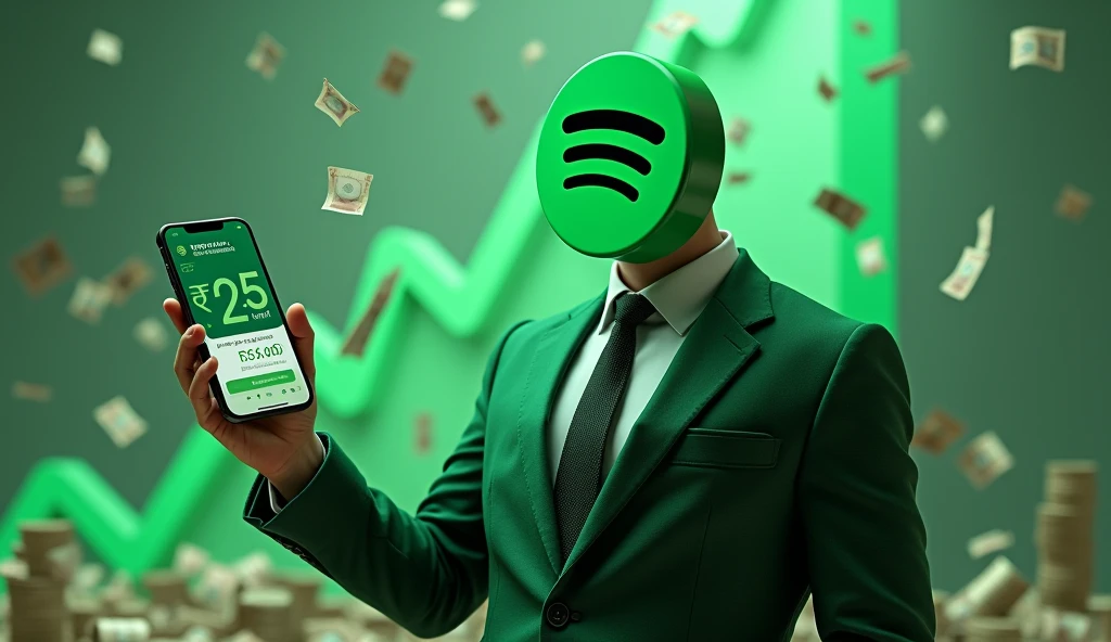 Ultra realistic 
Create an image where a realistic-looking man is shown with only the upper half of his body visible. The man's head is replaced with the Spotify logo, but the rest of his appearance should be lifelike. He is dressed in a green suit and is holding a mobile phone close to the screen, with the phone's display showing a payment of ₹2.5 lakh received. The man should be prominently positioned in the foreground of the image. At the bottom of the image, write the large 3D text "SPOTIFY AUTOMATION" in a bold, large font. In the background, the words "SONG MAKING" should be written in a slightly smaller, bold font, blending with the other background elements. The background also features a rain of Indian ₹2000 and ₹500 notes, symbolizing abundance, along with a green upward-trending graph and subtle musical notes to emphasize growth and the connection to music.