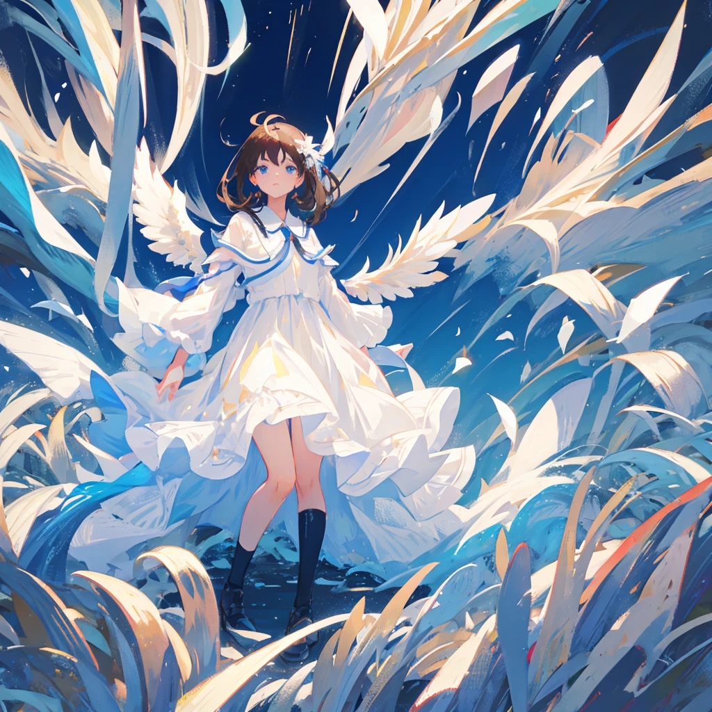 Female angel with big white wings, long straight dark brown hair, sky blue eyes wearing light white dress, face zoom