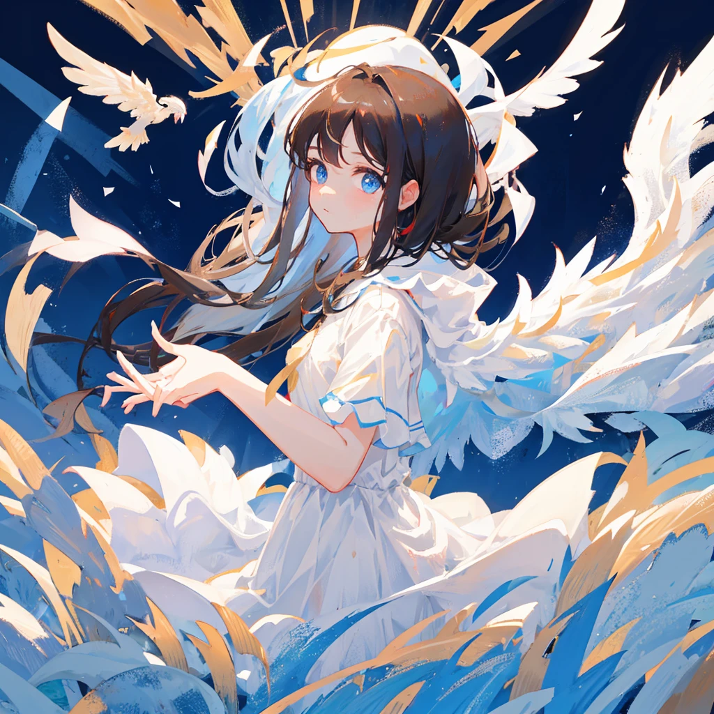 Female angel with big white wings, long straight dark brown hair, sky blue eyes wearing light white dress, face zoom