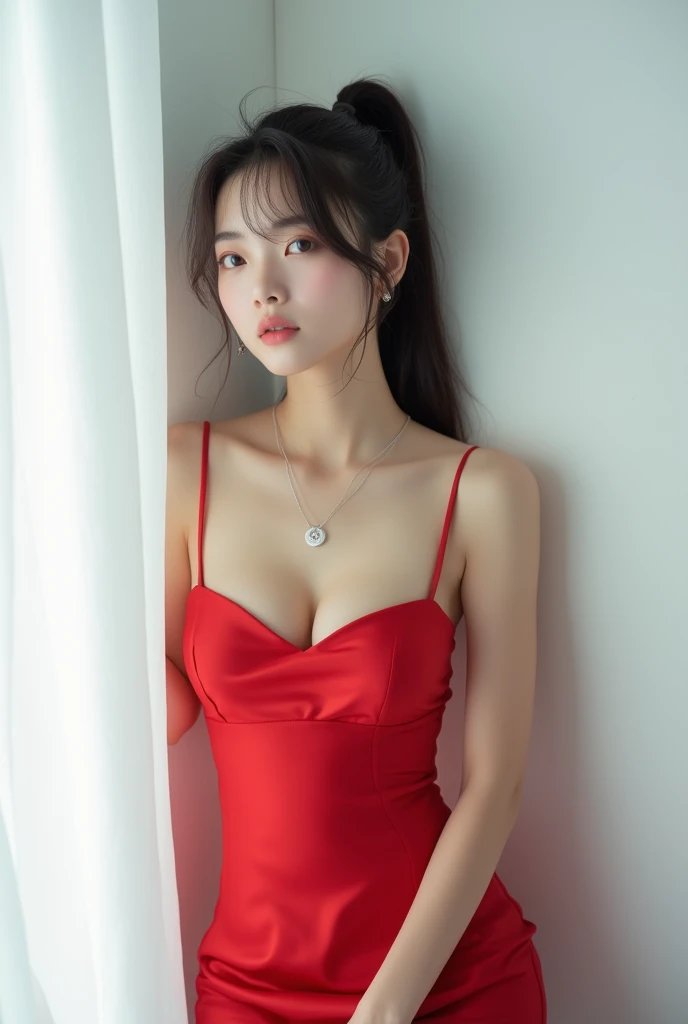 Bergaya photography,young japanese girl,21 years old,Beautiful,black hair tied in a ponytail,ideal plump body,compact chest ideal,wearing a minimalist silver pendant necklace,wearing a sexy satin dress,red,leaning against a white wall,next to a window curtain, best quality 8k,realistic,detail,photography.