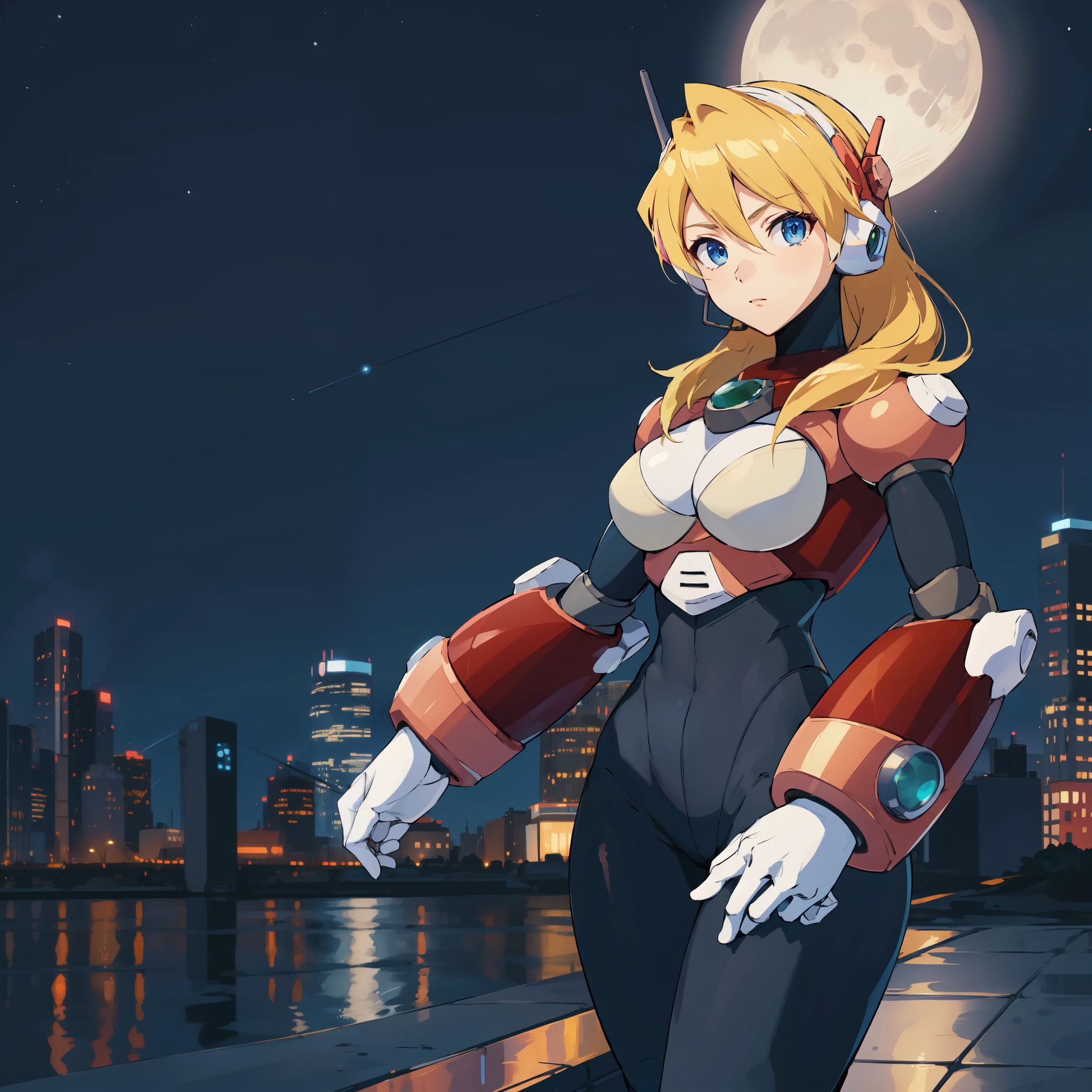 alia_megamanx, 1girl, solo, breasts, blue eyes, blonde hair, android, long hair, robot ears, high quality, masterpiece, standing on a moonlit background with city in sky background