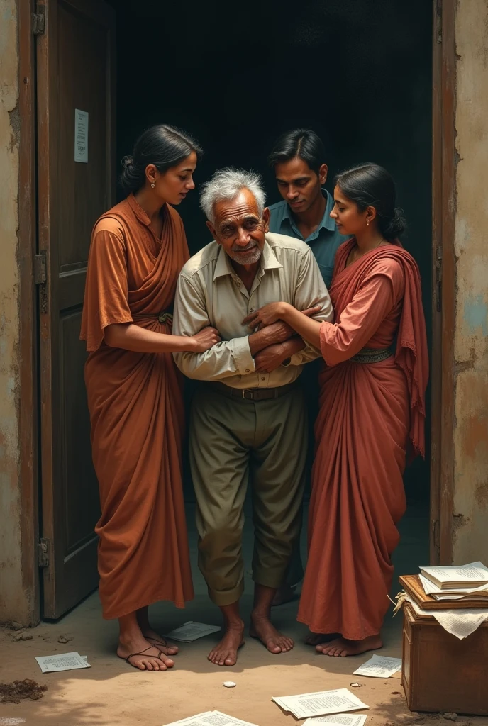 Srinivasa Ramanujan, looking frail and weak, returns home to India in 1919 after spending five years in England. He is greeted by his family, surrounded by a few papers and books related to his mathematical work."
This prompt should capture the essence of Ramanujan’s return to India, highlighting his weakened state yet continuing dedication to mathematics