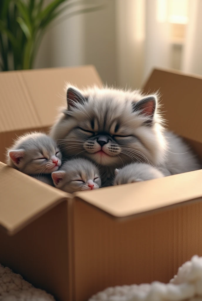 Gray-furred, fluffy Persian cat, serena, happy and very cuddly in a cardboard box with kittens