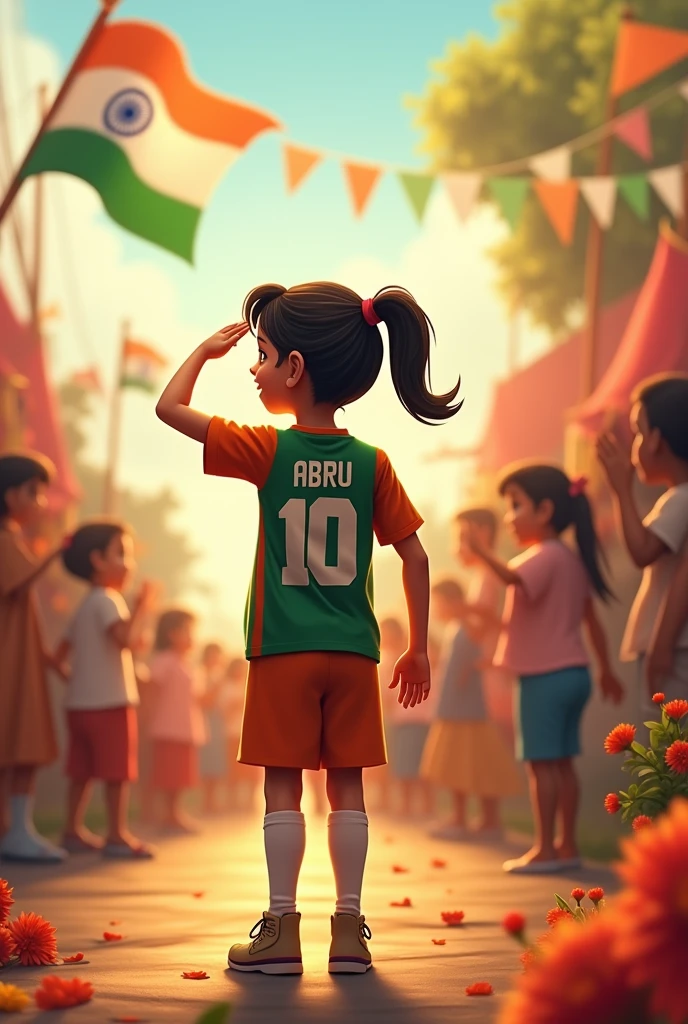 A girl is saluting the Indian flag and is wearing an Independence Day jersey. His name abru is written on the jersey and there is an atmosphere of joy.