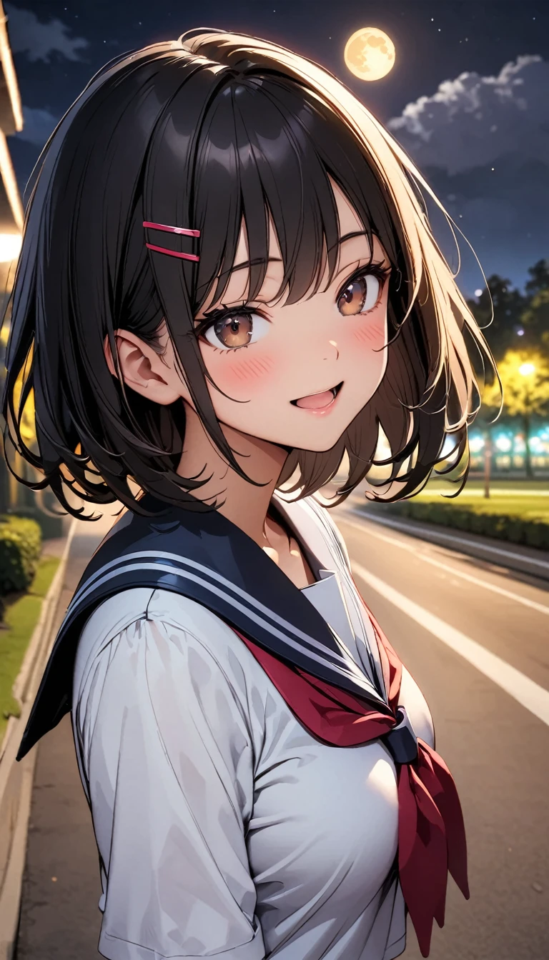 Commemorative photo of girls, 1 person, Black Hair, Shortcuts, Hair Clip, 1, School uniforms, Sailor suit, (((Night Park, Big moon background:1.4))), blush:1.2, By letter:1.4, Close your eyes and smile, ((Open your mouth a little, Important confession moment)), Light and shadow with attention to detail, Background Blur, (Highest quality:1.2, 4K, 8k, Very detailed, Attention to detail, masterpiece:1.2, Best aesthetics),