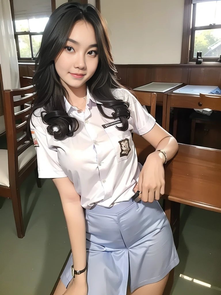 1girl, solo, (Indonesian_high_school_uniform), model pose, Classroom, bright light, detailed face, detailed eyes, amazed face expression, wide view, large breasts, semi-curvy, smooth realistic skin, hands behind back, looking at viewers, wearing white shirt, wearing grey blue very short miniskirt, (8k, RAW photo, best quality, masterpiece: 1.2), (realistic, realistic: 1.5), ultra-high resolution