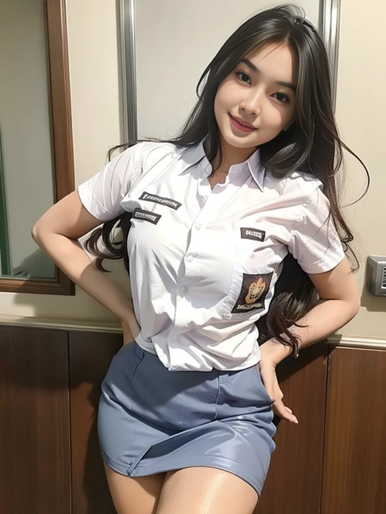 1girl, solo, (Indonesian_high_school_uniform), model pose, Classroom, bright light, detailed face, detailed eyes, amazed face expression, wide view, large breasts, semi-curvy, smooth realistic skin, hands behind back, looking at viewers, wearing white shirt, wearing grey blue very short miniskirt, (8k, RAW photo, best quality, masterpiece: 1.2), (realistic, realistic: 1.5), ultra-high resolution