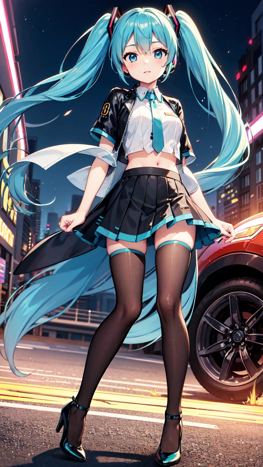 masterpiece、Highest quality、8k、Hatsune Miku VOCALOID、Twin tails、Light blue hair, light blue eyes、Race Queen Motor Show、mini skirt、black tights、High heels and knee length、Pitchy jacket with short sleeves、Tube top、The background is the city