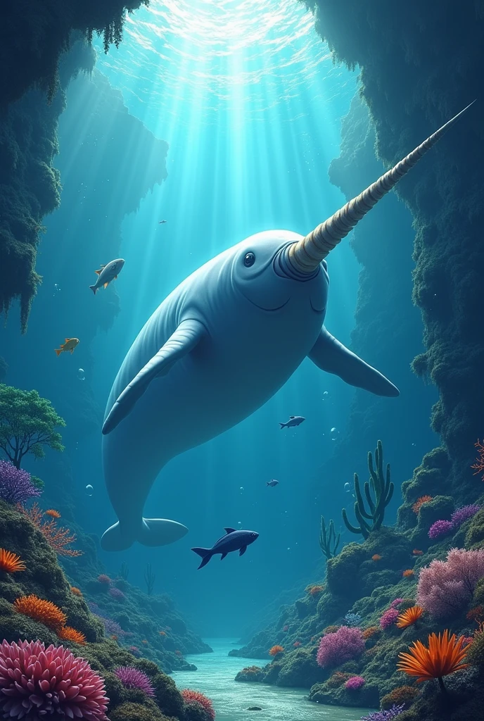 (A giant narwhal swimming through the water),(Highest quality,Very detailed,Realistic),Underwater Photography,Clear blue water,Lush underwater plants,Colorful coral reefs,Tropical fish swimming gracefully,Large zander fish lurking in the shadows,Sparkling sunlight piercing the surface,Scattered bubbles adding a sense of movement,A dimly lit underwater cave in the background,Vibrant colors illuminate the scene,Faint rays of light highlight the mystery and beauty of the underwater world.