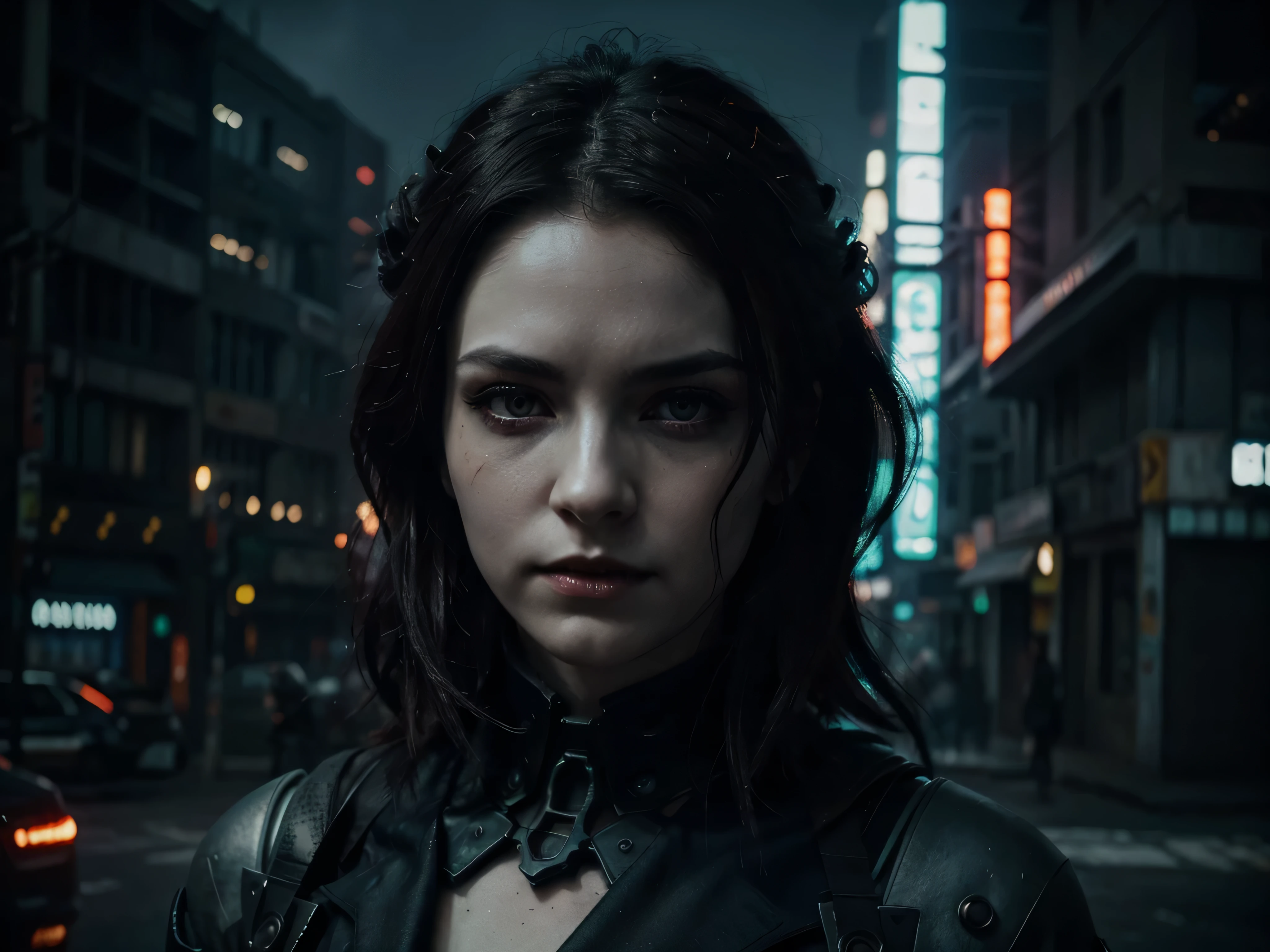 A luminous dystopian vampire in a digital anime, glowing with radiant menace against a backdrop of neon cityscape. The subject is a vampire, depicted in a digital painting. Their pale skin shimmers with an otherworldly glow, showcasing intricate cybernetic enhancements seamlessly blending with ancient fangs. Piercing crimson eyes gleam with hunger beneath a jagged crown of twisted metal, a stark contrast to their tattered cloak billowing in the digital wind. The image exudes an eerie beauty, capturing the essence of a dark future where the line between man and machine is blurred.