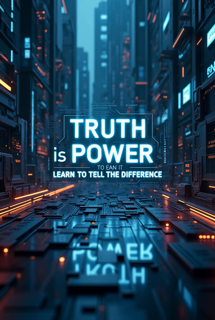 create a digital/technological or media background poster with the word "Truth is power—learn to tell the difference." in english slogan