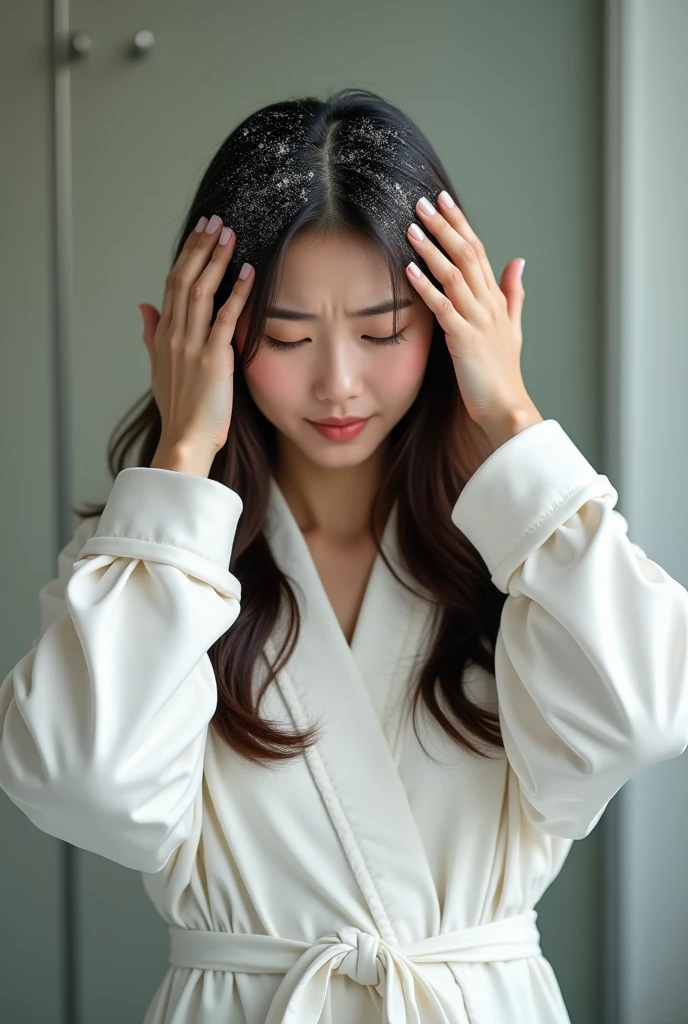 Create an Asian beauty with long hair,Regular facial features,Wearing a white satin bathrobe,Scratching his head with both hands,The beautiful woman's head is full of dandruff,There's a lot of dandruff on my scalp.,Beautiful girl opens her eyes,Painful expression,Upper Body,The characters are realistic and realistic,Bathroom Background,Character front position,9:16 frames,Ultra-high-definition picture quality