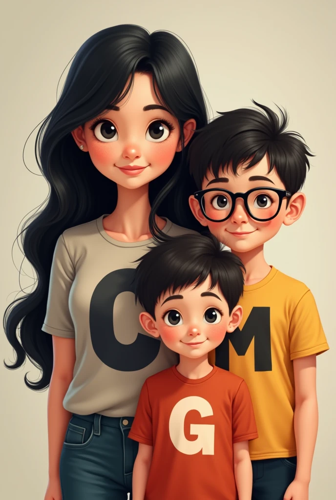 Black haired mom with the letter C on her shirt, big child with glasses, very short hair and the letter M on his shirt and the Son of three years old son with the letter G on his shirt The two children have very short hair