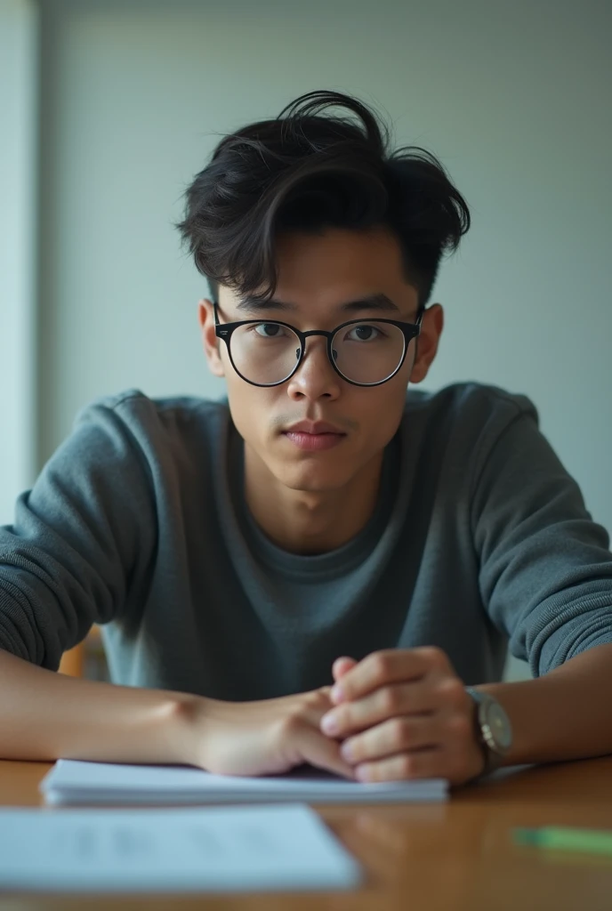 A one minute video of 18 years old man with spectacles sat behind the table 
