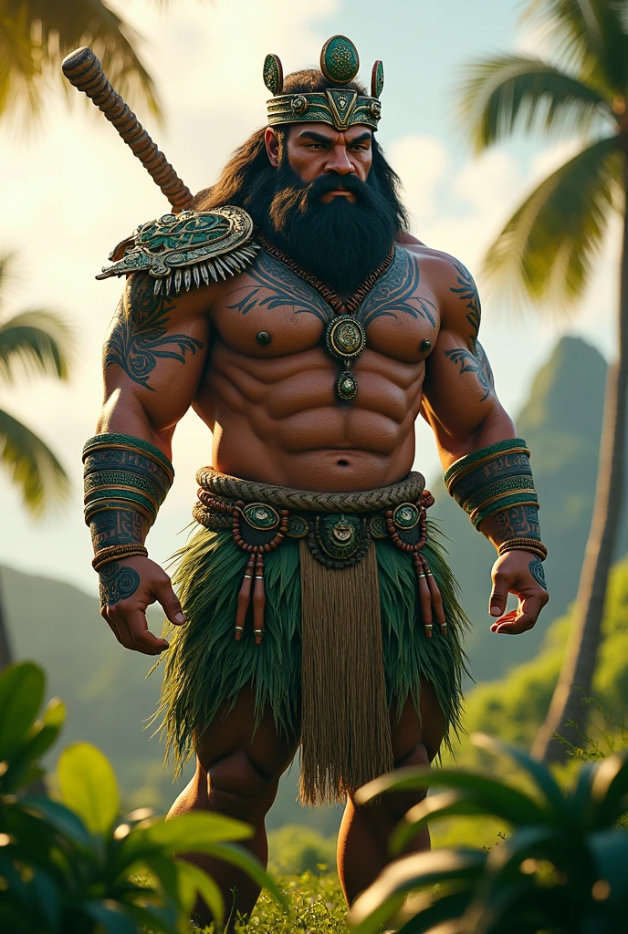 (((LONO))) best quality, ultra-high resolution, 4K detailed CG, masterpiece, Hawaiian God, Hawaiian mythology, ((Farmer god)), Maori image, aesthetic, screen-centric,(((Large crotch bulge)))