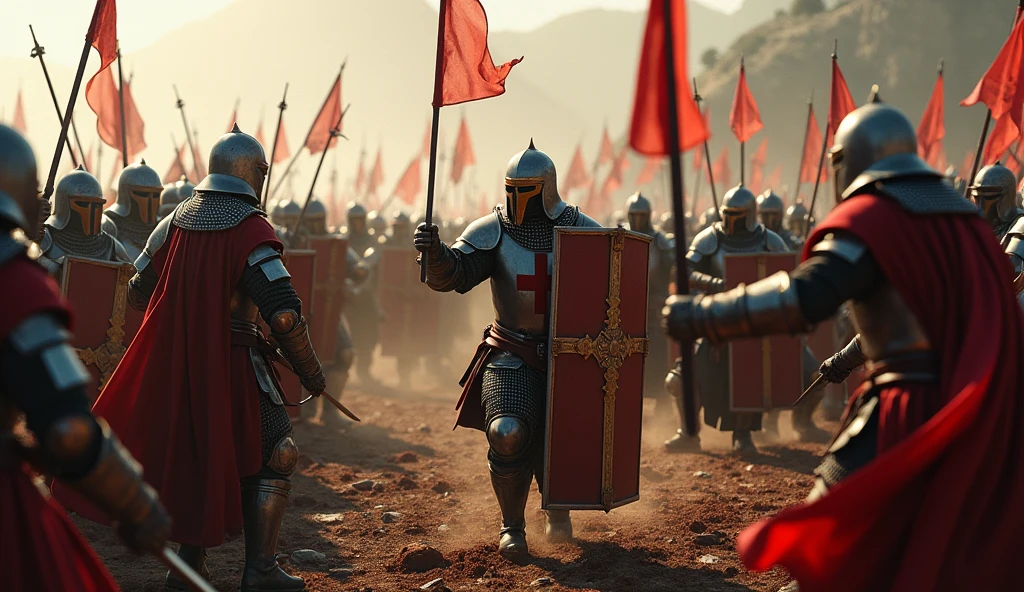 A highly realistic, high-contrast, 8K HD, detailed, hyper-detailed battle scene where the Crusaders, wearing steel helmets and armor with red crosses on their tunics, are engaged in brutal combat with an enemy army that looks like the soldiers in the provided image. The enemies are equipped with swords, shields, and bows, and they wear ornate, polished armor with detailed designs. Blood flows as both sides clash fiercely on the battlefield. The ground is littered with fallen warriors, and the atmosphere is filled with the chaos and intensity of medieval warfare. The dramatic lighting highlights the detailed armor and the raw emotions of the battle. The image is of the highest quality, with ultra-high resolution, RAW photo quality, and Unreal Engine rendering, capturing the deadly and epic nature of the conflict.