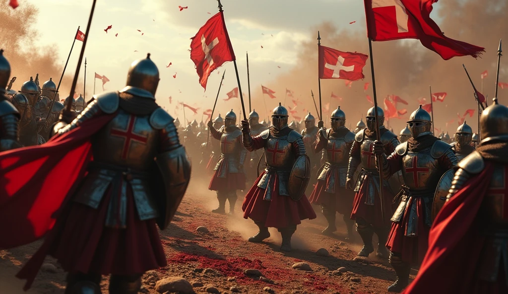 A highly realistic, high-contrast, 8K HD, detailed, hyper-detailed battle scene where the Crusaders, wearing steel helmets and armor with red crosses on their tunics, are engaged in brutal combat with an enemy army that looks like the soldiers in the provided image. The enemies are equipped with swords, shields, and bows, and they wear ornate, polished armor with detailed designs. Blood flows as both sides clash fiercely on the battlefield. The ground is littered with fallen warriors, and the atmosphere is filled with the chaos and intensity of medieval warfare. The dramatic lighting highlights the detailed armor and the raw emotions of the battle. The image is of the highest quality, with ultra-high resolution, RAW photo quality, and Unreal Engine rendering, capturing the deadly and epic nature of the conflict.