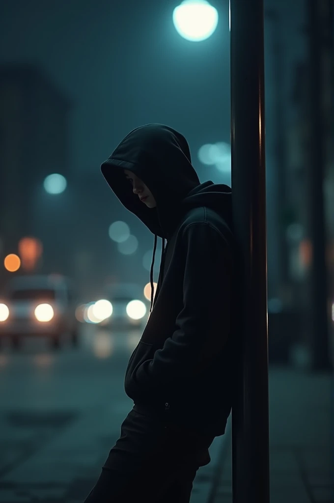 A boy who is leaning against a lamp post and wearing a black hoodie with his hat on his face )
)the camera is from the side)And in the background it is dark and cars are passing by