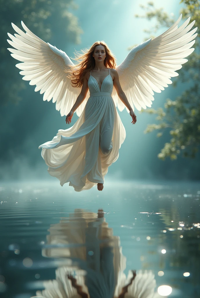 a picture of a female angel flying over a lake ((the angel's reflection mirrored perfectly in the lake: 1.5)), full body shot, a beautiful female angel, divine beauty angel, ((ultra detailed face: 1.3)), (best detailed face: 1.3), dynamic eye color, dynamic hair color, dynamic hair style, intense gaze, wearing dynamic clothing, hovering over a lake, (white angelic wings spread: 1.3), (((a perfect reflection of the angel seen in the lake: 1.5))) vibrant, Ultra-high resolution, High Contrast, masterpiece:1.2, highest quality, Best aesthetics), best details, best quality, highres, ultra wide angle, 16k, [ultra detailed], masterpiece, best quality, (extremely detailed)