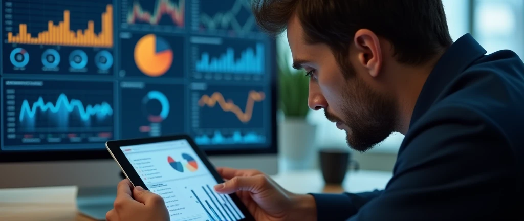 "A person reviewing a financial report on a tablet, with graphs and charts showing progress, serious and analytical expression, ar 16:9"