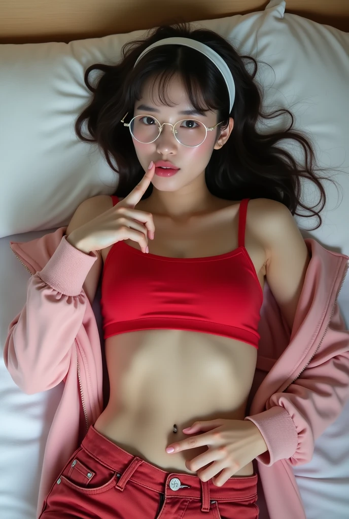 A beautiful Japanese girl with fair skin wearing a red adidas sports bra and red denim shorts., lying on the bed biting the index finger of his right hand while tilting his hips, her whole body is facing the camera, a sighing facial expression with raised eyebrows and flushed cheeks, wearing a pink jacket, wearing white glasses, wearing a white headband, and her belly button is protruding into her stomach, real photo lying on the bed facing the camera, The pants are a bit low, showing the underwear