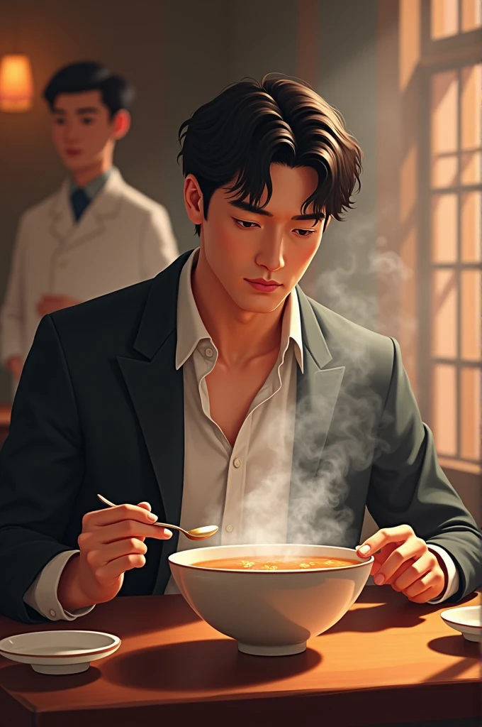 The steamed restaurant has a man sitting at the dining table with a steaming bowl of soup, but there is no spoon. A waiter is standing nearby.
