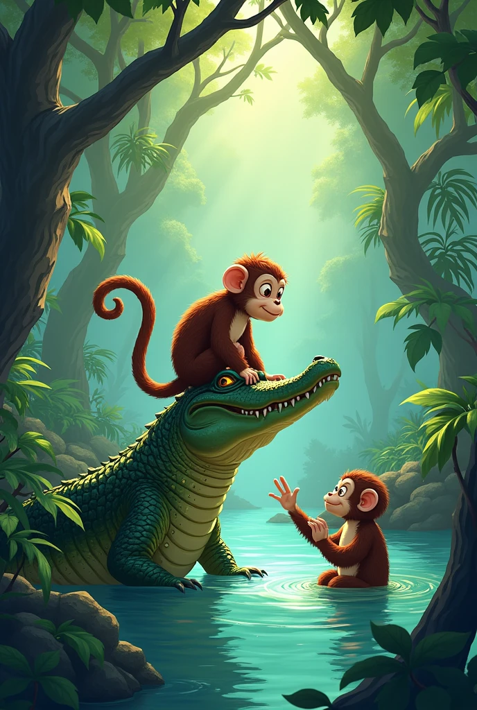 Monkey sitting on the crocodile say to the monkey in river the jungle