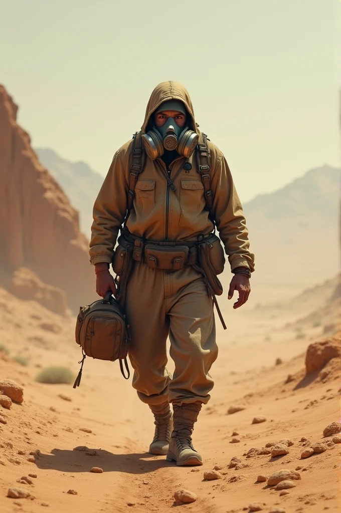 A male lone survivor walking in the desert,wearing a gas mask on his face,a brown sling bag