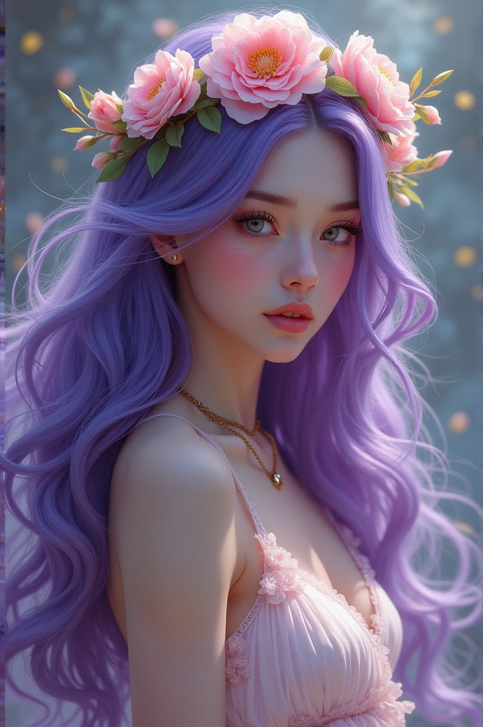 A beautiful white woman with purple hair, long hair, a dress, a flower crown on her head, and a necklace.