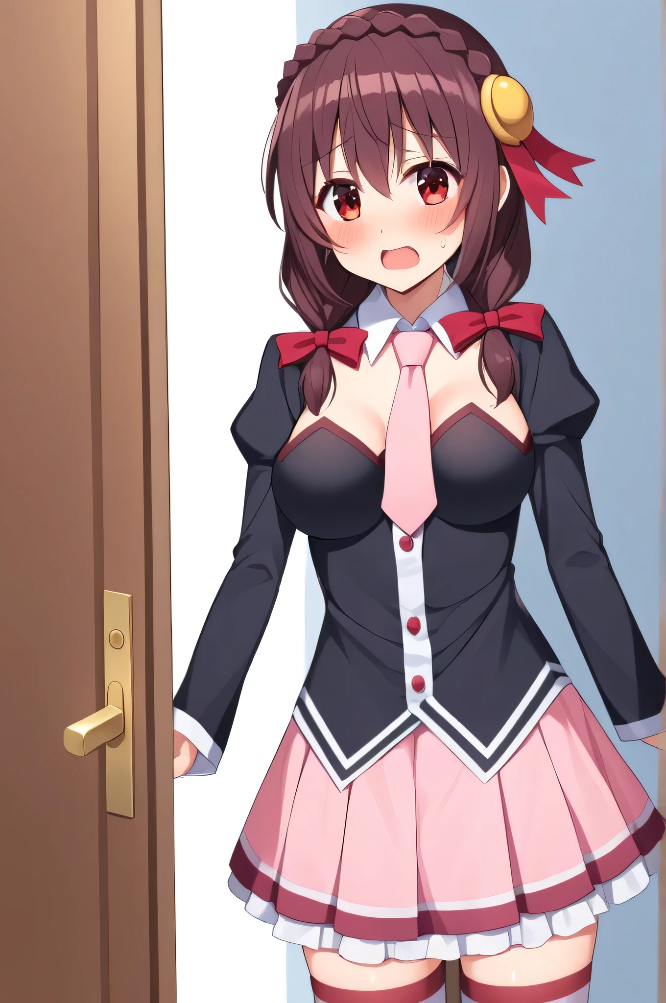alone, One person, Yunyun, (Mouth open)、 (blush:1.2)、Crown braids of the same color as your hair, Red Eyes、hair ornaments, Hair Ribbon, Pink tie, Long sleeve, Pink Skirt, Knee socks, Cleavage,  standing at the door、Sweat