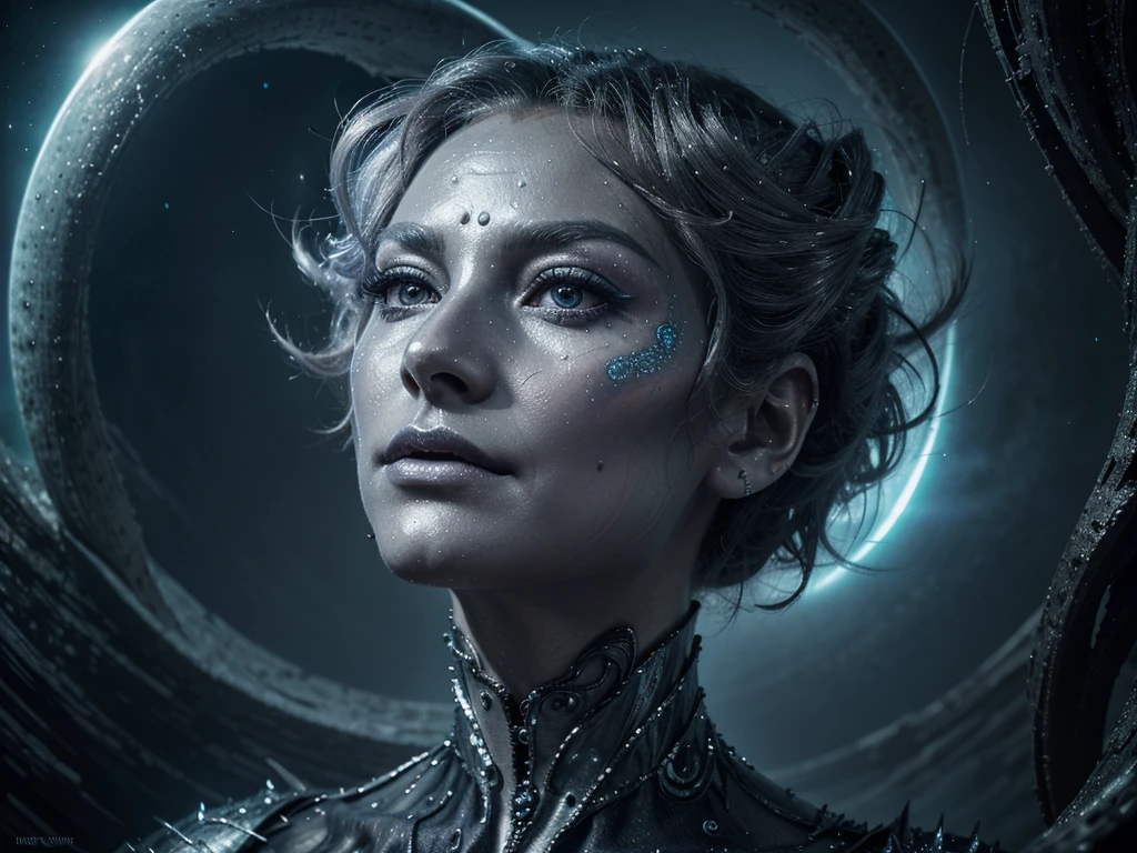 A menacing Venusian being, its form a blend of ethereal beauty and impending doom: shimmering silvery skin marked with intricate swirling patterns, eyes that gleam with sinister intelligence, and tendrils that pulse with an unknown energy. This otherworldly creature is depicted in a stunning digital painting, where every detail is rendered with crisp precision and vibrant colors that seem to leap off the screen. The overall effect is both mesmerizing and unsettling, inviting viewers to contemplate the creature's mysterious nature and potential threat.