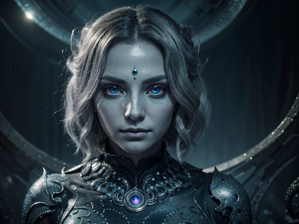 A menacing Venusian being, its form a blend of ethereal beauty and impending doom: shimmering silvery skin marked with intricate swirling patterns, eyes that gleam with sinister intelligence, and tendrils that pulse with an unknown energy. This otherworldly creature is depicted in a stunning digital painting, where every detail is rendered with crisp precision and vibrant colors that seem to leap off the screen. The overall effect is both mesmerizing and unsettling, inviting viewers to contemplate the creature's mysterious nature and potential threat.