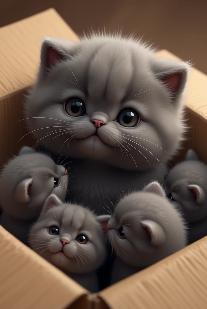 Cute Persian cat with dark gray fur, serena, happy and very cuddly in a cardboard box with kittens