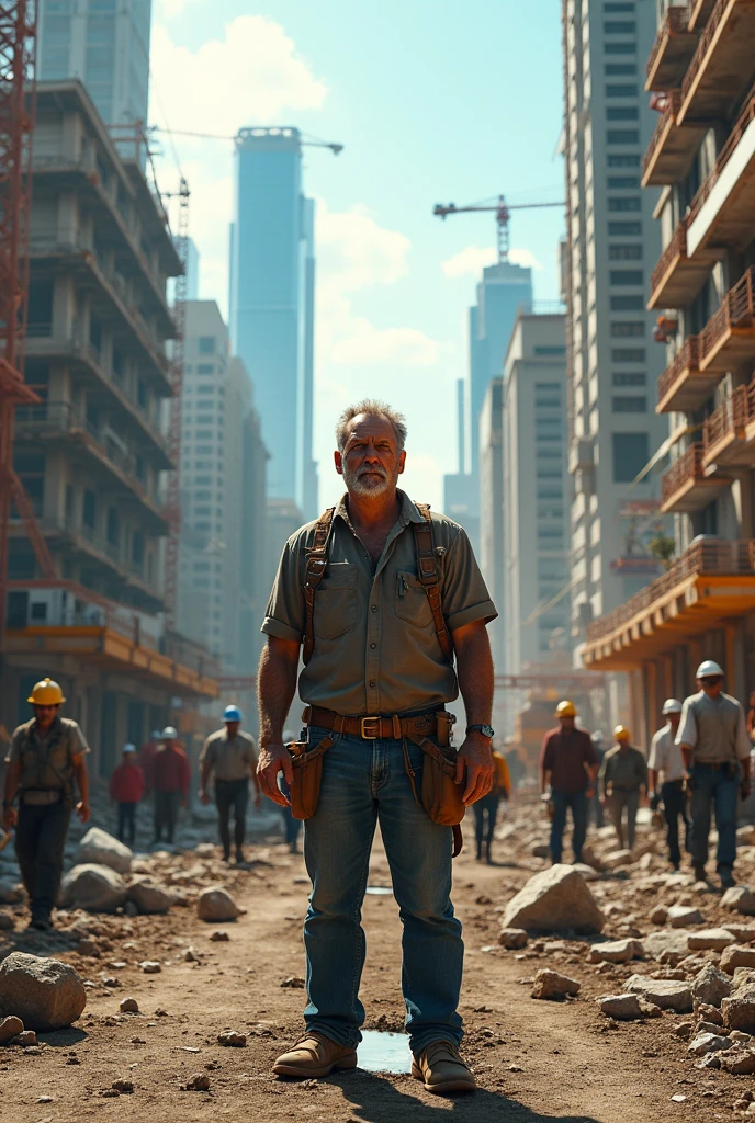 A man with lots of building and many people make it realistic and 4k
