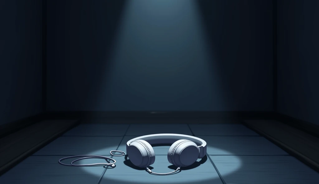 Dark Room,Inside the room,White headphones that fell on the floor,Anime Style, Low angle shooting,Blur the background,High resolution, Anti-aliasing