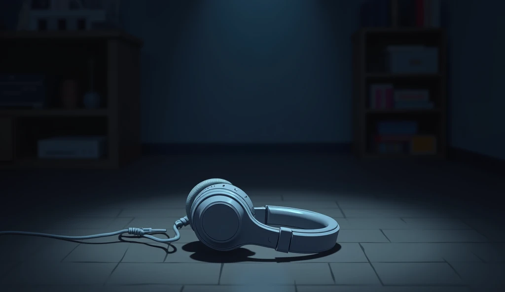 Dark Room,Inside the room,White headphones that fell on the floor,Anime Style, Low angle shooting,Blur the background,High resolution, Anti-aliasing