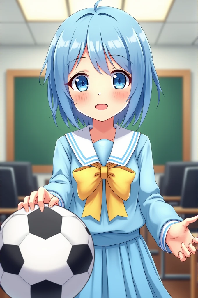 Light blue hair、Very Short Hair、Big light blue eyes、Water-colored eyebrows、Just the sideburns are long.、Light blue sailor suit、Light blue pleated skirt、Large yellow ribbon、classroom、soccer ball、smile、Saki Nijino