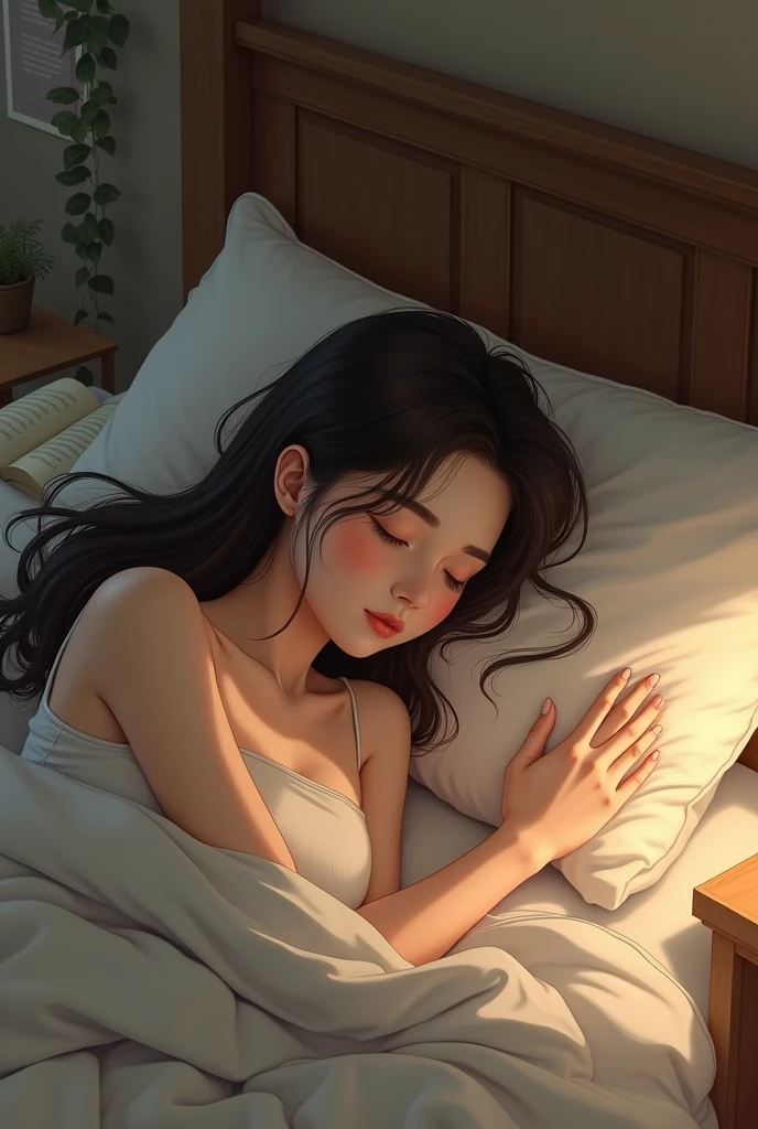 A young woman is sleeping on her bed.
