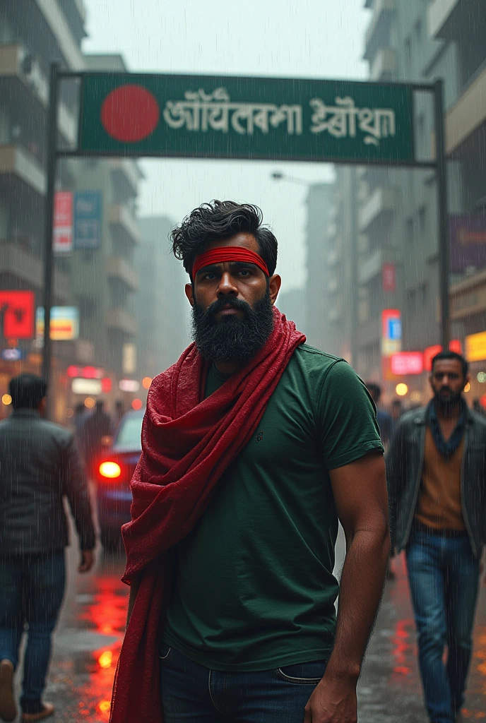 A 27 years old beard boy with read cloth in mouth & tie up in forehead with bangladesh flag, Bangladesh flag in hand in rain stand busy road infront of a place named in board "Konabari Gazipur" in English letter
