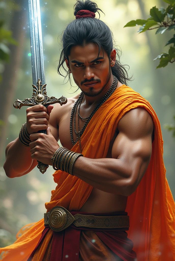 A young boy  holding superpower his age should be 20 looking like Indians holding a sword