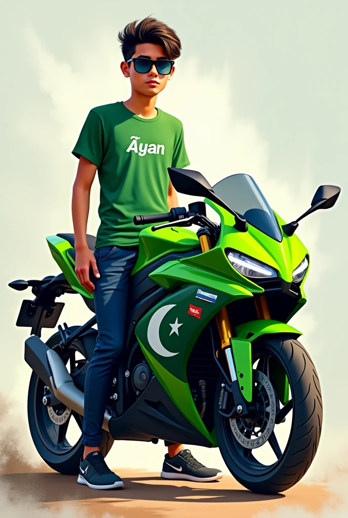 ×
SeaArt
wearing a green colour shirt with name ayan
and dark blue paint with pakistani flag about 20 years old boy wearing dead
black glasses
standing with sport bike which green colour