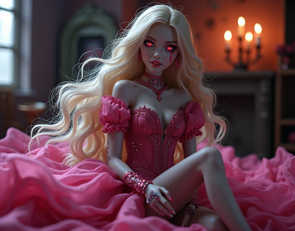 anime art, RPG art, Dark fantasy anime  art, comic illustration of extremely beautiful Barbie vampire, real life  Barbie mistress of death, she has long hair, flowing hair, wavy hair, blond hair, pale grey skin, (red eyes: 1.3) (glowing eyes: 1.3), (stains of blood on face: 1.2), (vampire teeth: 1.4), she wears dark pink dress, silk dress, intricate dress,  she wears pink stockings, high heels, Barbie dollhouse backgrond, dynamic position, (full body: 1.2) candles light, dark fantasy art, gothic art, dynamic angle, best details, best quality, 16K, [ultra detailed], masterpiece, best quality, (ultra detailed), full body, ultra wide shot, photorealistic,