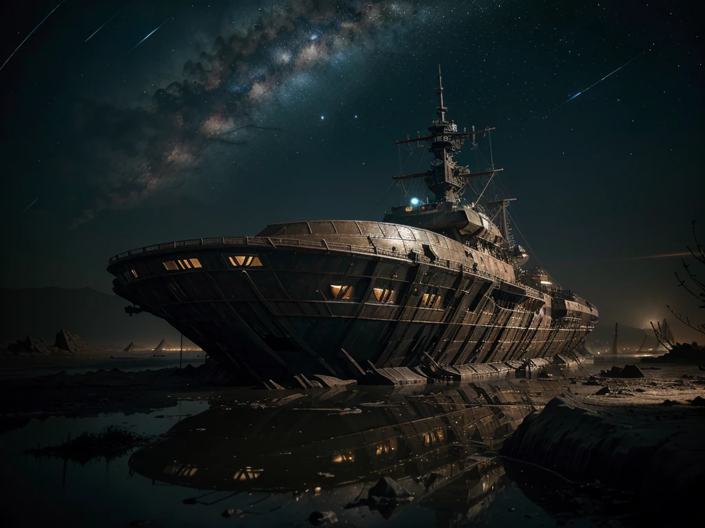 An otherworldly wrecked space vessel, the remnants of a once powerful cosmic empire, hangs in the void of a desolate universe. This scene is depicted in a highly detailed digital painting, showcasing the intricate metal framework intertwined with twisted alien vegetation. Rusty metallic surfaces gleam under the distant glimmer of dying stars, while strange, glowing symbols etched into the hull hint at forgotten technologies. The overall image conveys a sense of mystery and awe, inviting viewers to ponder the fate of this enigmatic spacecraft.