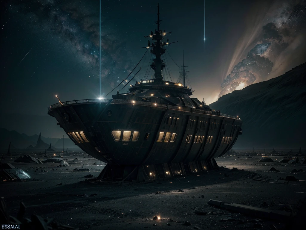 An otherworldly wrecked space vessel, the remnants of a once powerful cosmic empire, hangs in the void of a desolate universe. This scene is depicted in a highly detailed digital painting, showcasing the intricate metal framework intertwined with twisted alien vegetation. Rusty metallic surfaces gleam under the distant glimmer of dying stars, while strange, glowing symbols etched into the hull hint at forgotten technologies. The overall image conveys a sense of mystery and awe, inviting viewers to ponder the fate of this enigmatic spacecraft.