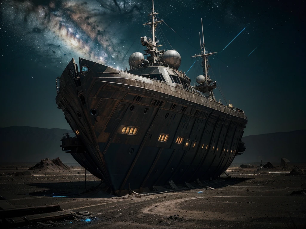 An otherworldly wrecked space vessel, the remnants of a once powerful cosmic empire, hangs in the void of a desolate universe. This scene is depicted in a highly detailed digital painting, showcasing the intricate metal framework intertwined with twisted alien vegetation. Rusty metallic surfaces gleam under the distant glimmer of dying stars, while strange, glowing symbols etched into the hull hint at forgotten technologies. The overall image conveys a sense of mystery and awe, inviting viewers to ponder the fate of this enigmatic spacecraft.