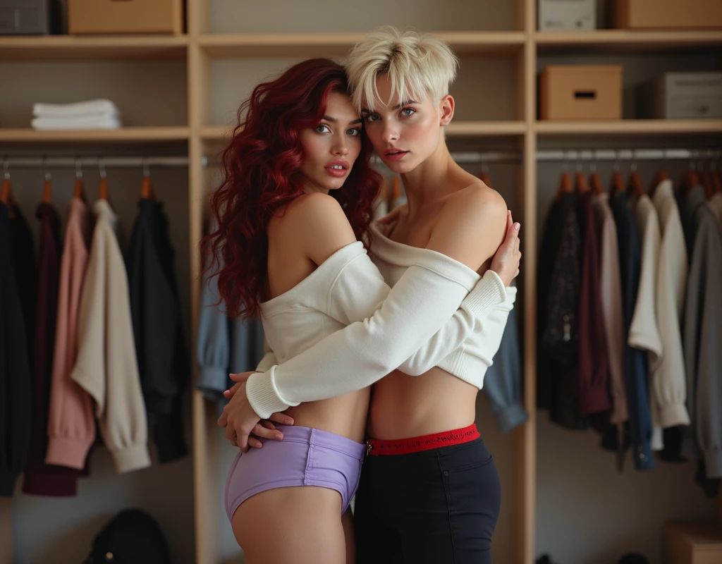 A 170 cm tall, 24-year-old woman with very pale skin, vibrant maroon, wavy medium-length hair layered and parted to the side, fit and toned figure, and pale blue eyes. She is wearing a white off-shoulder sweater and lavender shorts. The woman is straddling the hips of a 22-year-old male high fashion model who is lying supine underneath her with a lean build, short platinum blond layered hair with side-swept bangs and blue eyes. He is wearing tight black pants and a red T-shirt. The woman has an incredulous expression as she looks down at the man she has pinned to the floor inside a giant walk-in closet. The man has an excited expression looking up at her. The scene is photorealistic and cinematic.