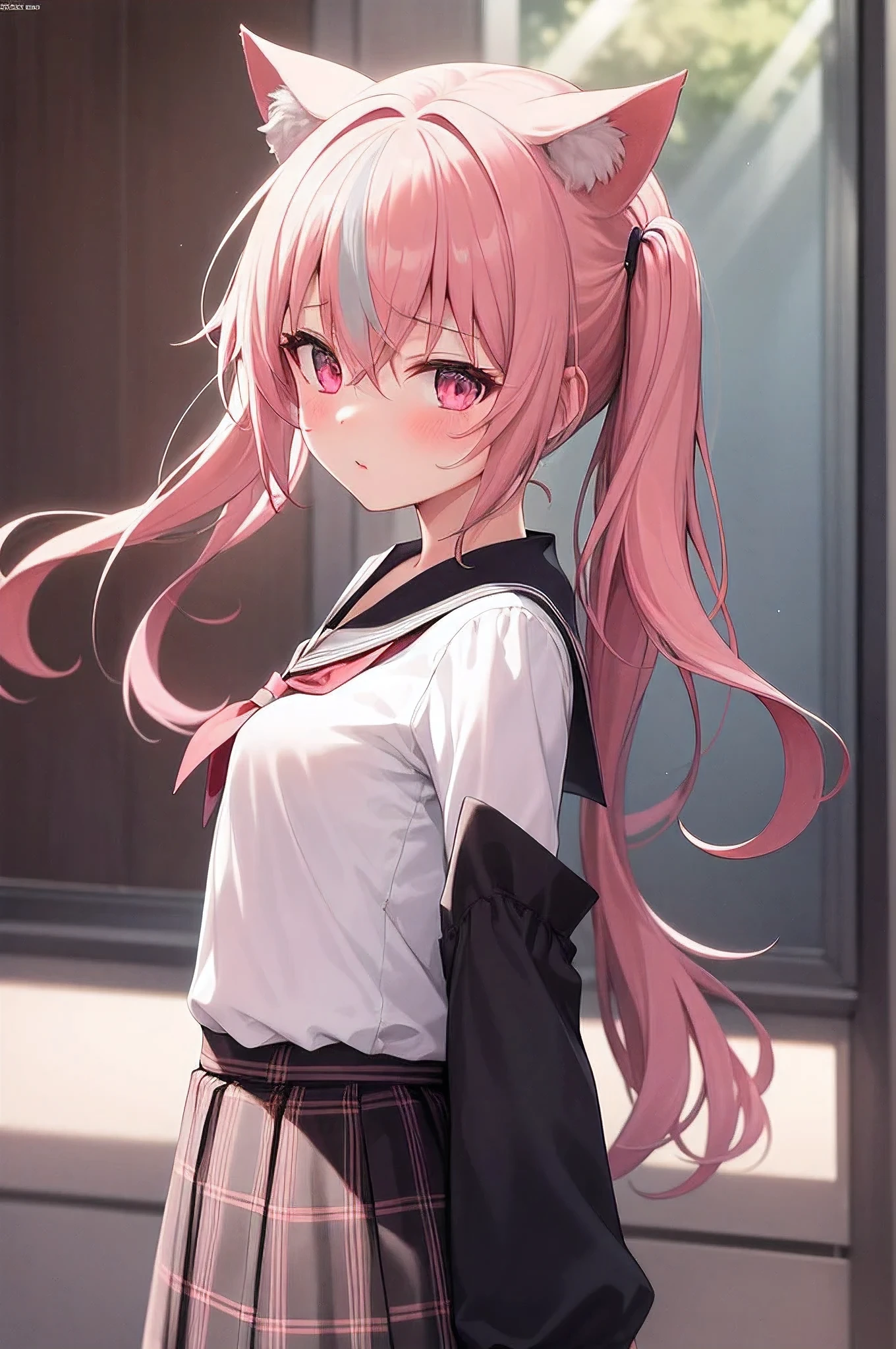 1girl, (upper body:1.3), cat girl, Cat ears, grey hair, streaked hair, pink hair, long hair, hair between eyes, twintails, sailor collar, highly_detailed, extremely_detailed_CG_unity_8k_wallpaper, highres, absurdres, beautiful_detailed_eyes, finely_detailed_clothing, finely_detailed_light, highly_detail_hair_, colorful, light rays, caustics, aistics, lens flare, bokeh, nsfw, flat-chested, pink eyes, silk stockings, JK Uniform Plaid Skirt, school uniform, Light pink mini skirt, blush, score_anime, score_9, score_8_up, masterpiece, beautiful scenery, illustration