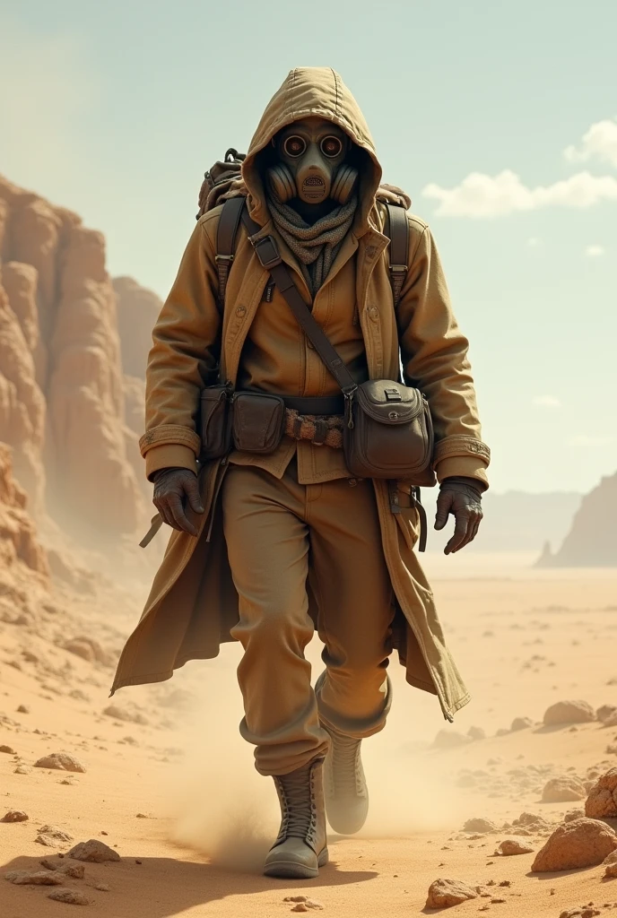 A male lone survivor walking in the desert,wearing a gas mask on his face,a brown sling bag,a long coat and hood